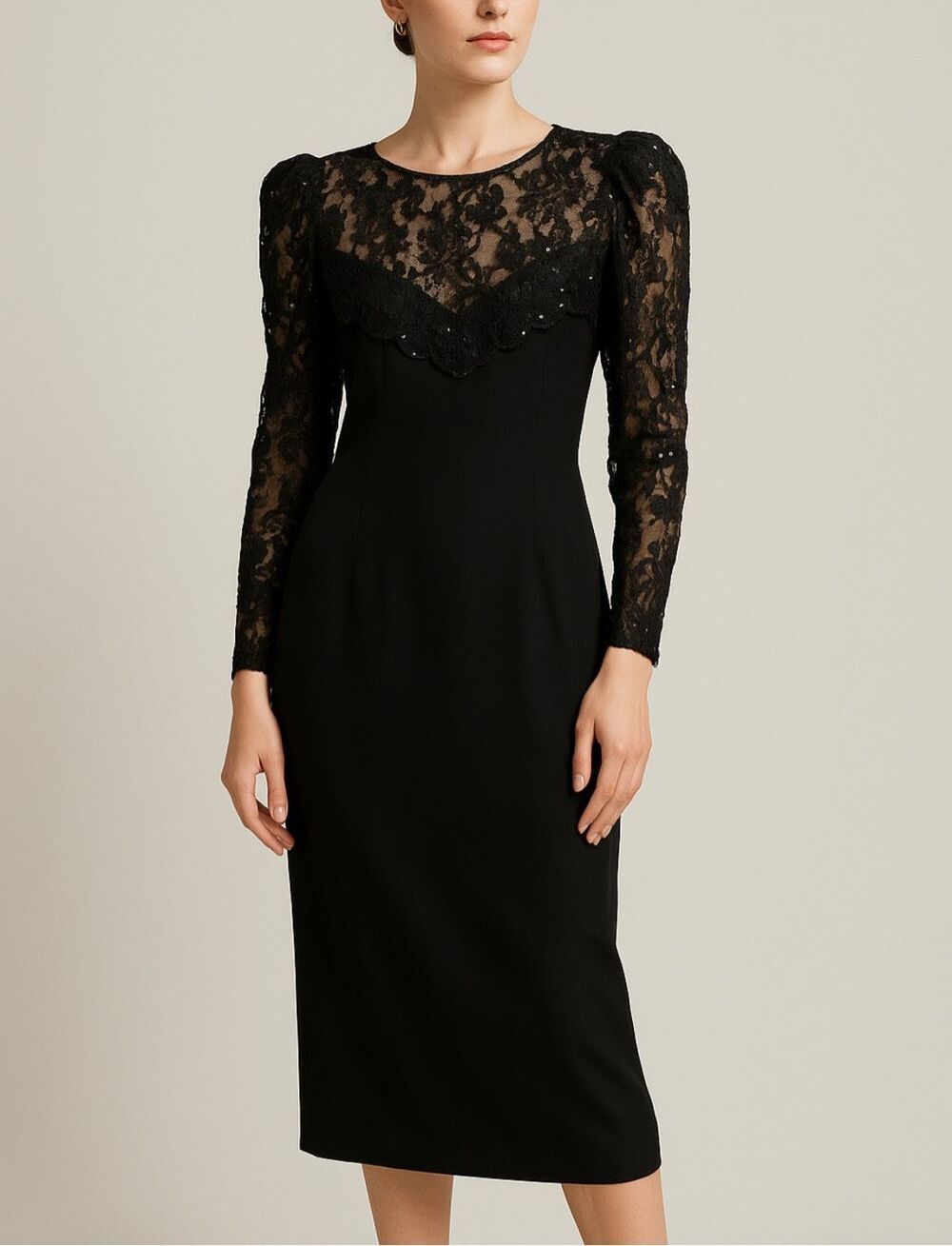 Vintage 80s Celine Paris Black Silk Lace Sequin Cocktail Midi Dress US 8